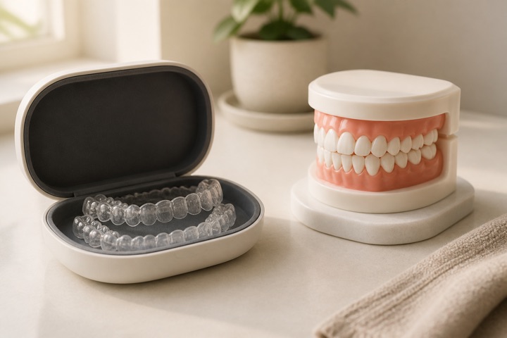 Clear dental aligners in an open case beside a dental model