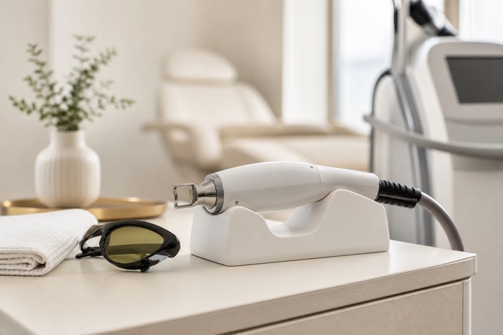 Professional laser handpiece and protective eyewear in a neutral treatment room