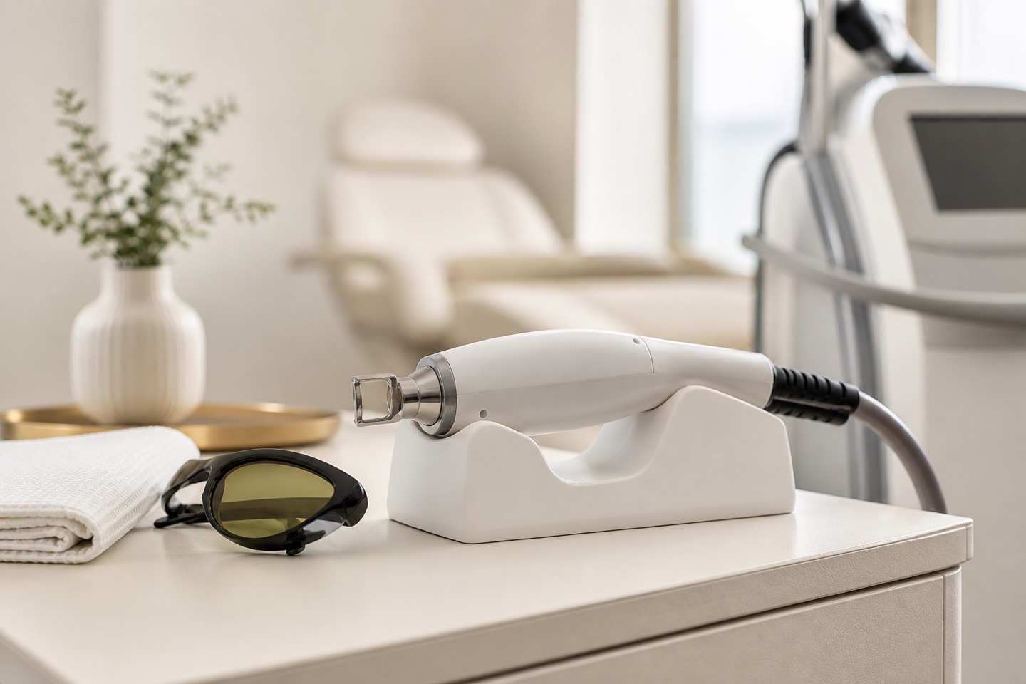 Professional laser handpiece and protective eyewear in a neutral treatment room