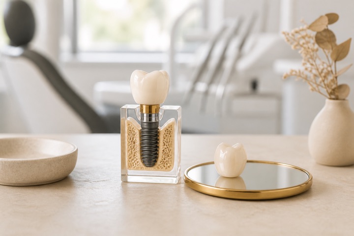 Dental implant model and ceramic crown on a neutral consultation table