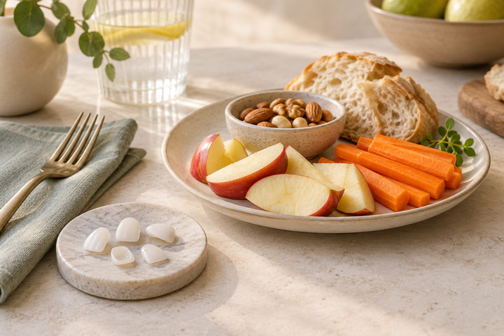 Porcelain veneer models beside sliced apple, nuts, and reusable cutlery on a dining surface