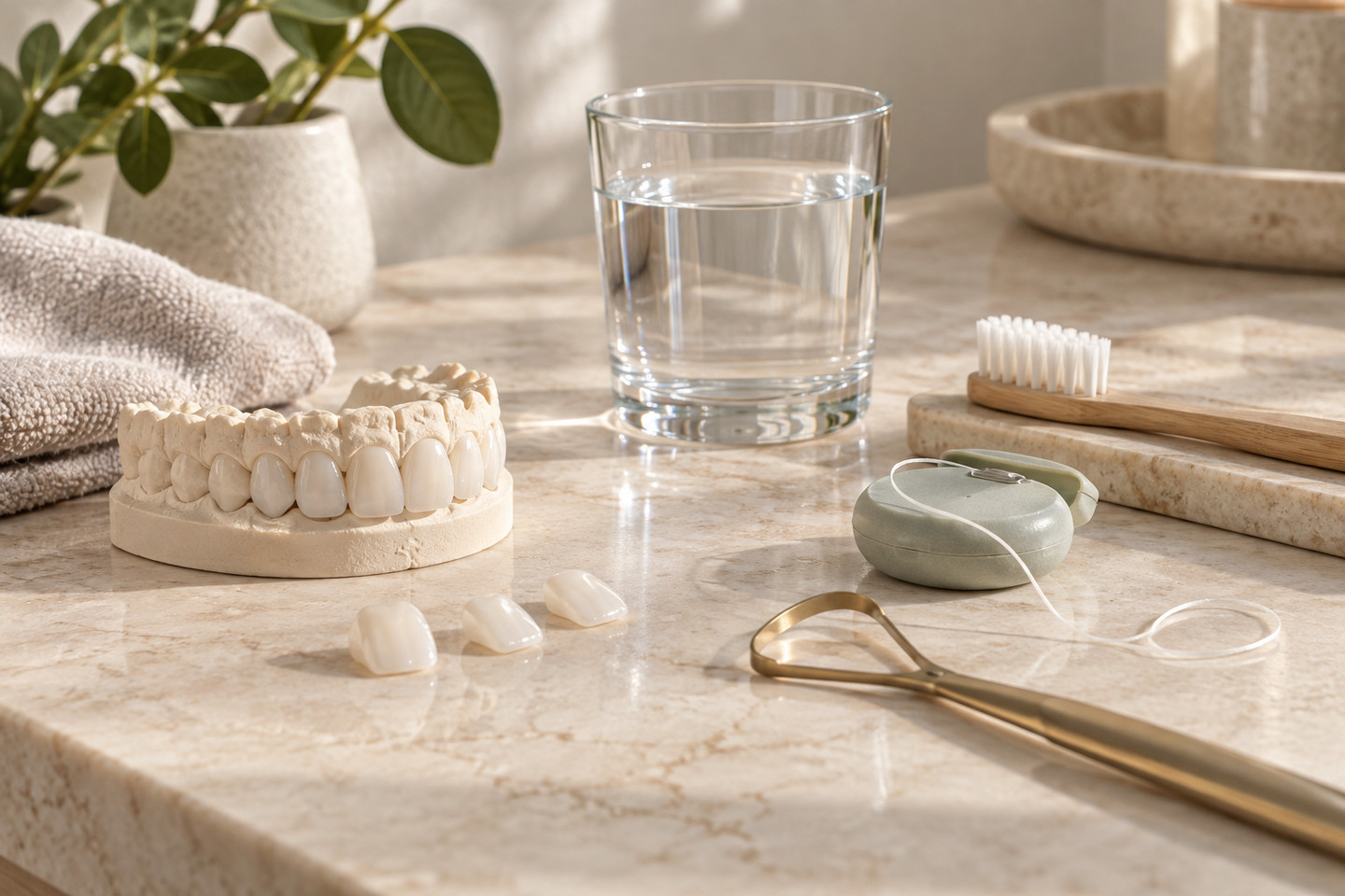 Dental veneer models beside a soft toothbrush, floss, and glass of water