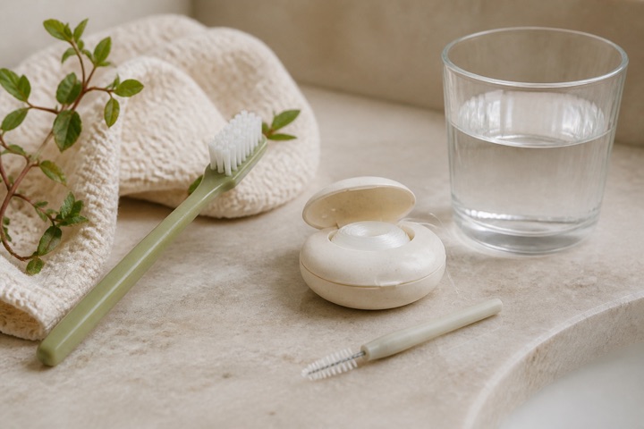 Toothbrush, floss, interdental brush, and water on a natural stone counter