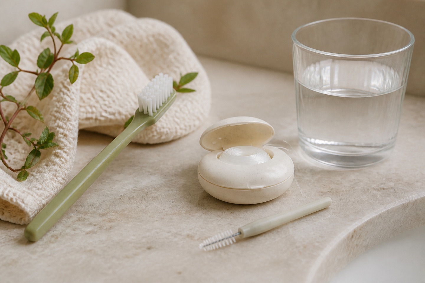 Toothbrush, floss, interdental brush, and water on a natural stone counter
