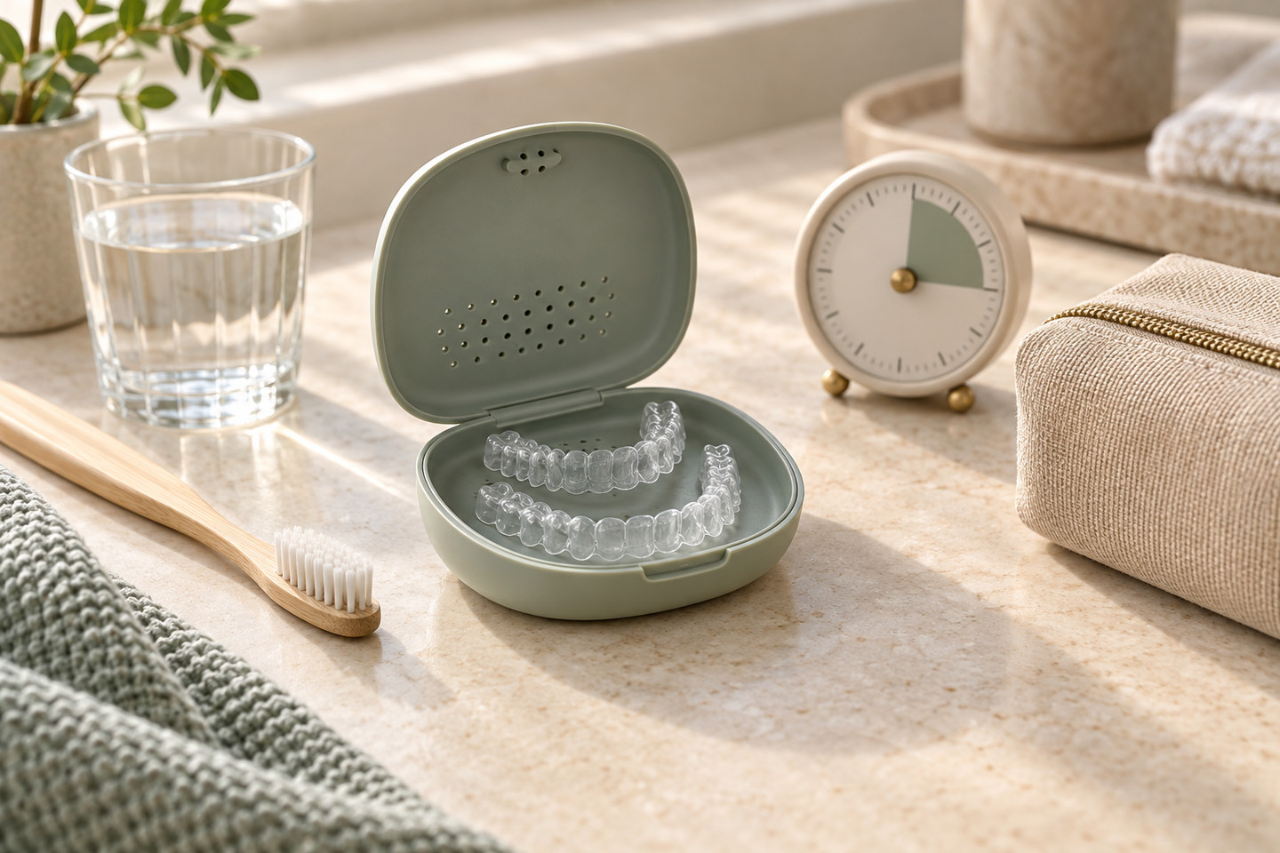 Clear aligners in a ventilated case beside a toothbrush, timer, and dental model