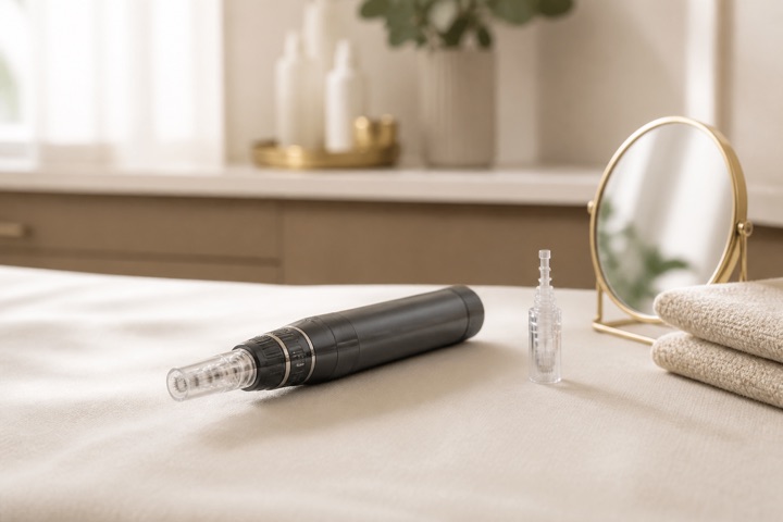 Professional microneedling pen and sealed cartridge beside a tabletop mirror