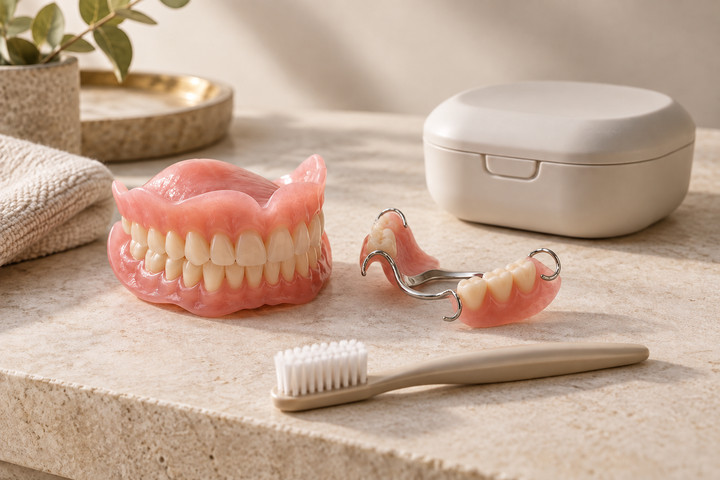 Full and partial denture models arranged beside a denture brush and storage case