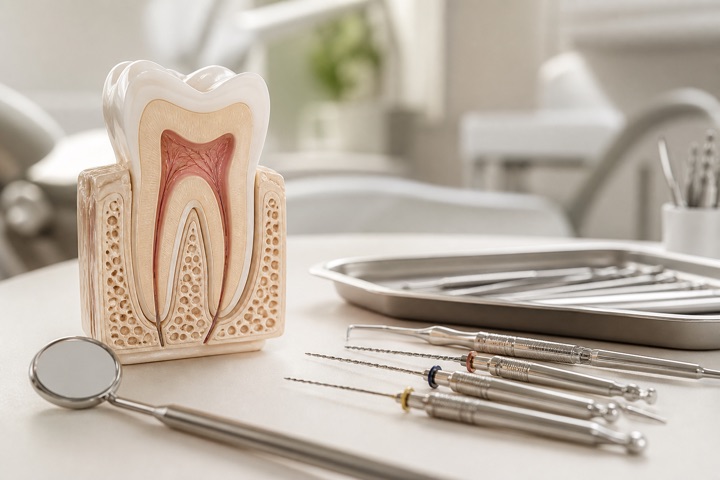 Tooth model and endodontic instruments arranged in a calm dental setting