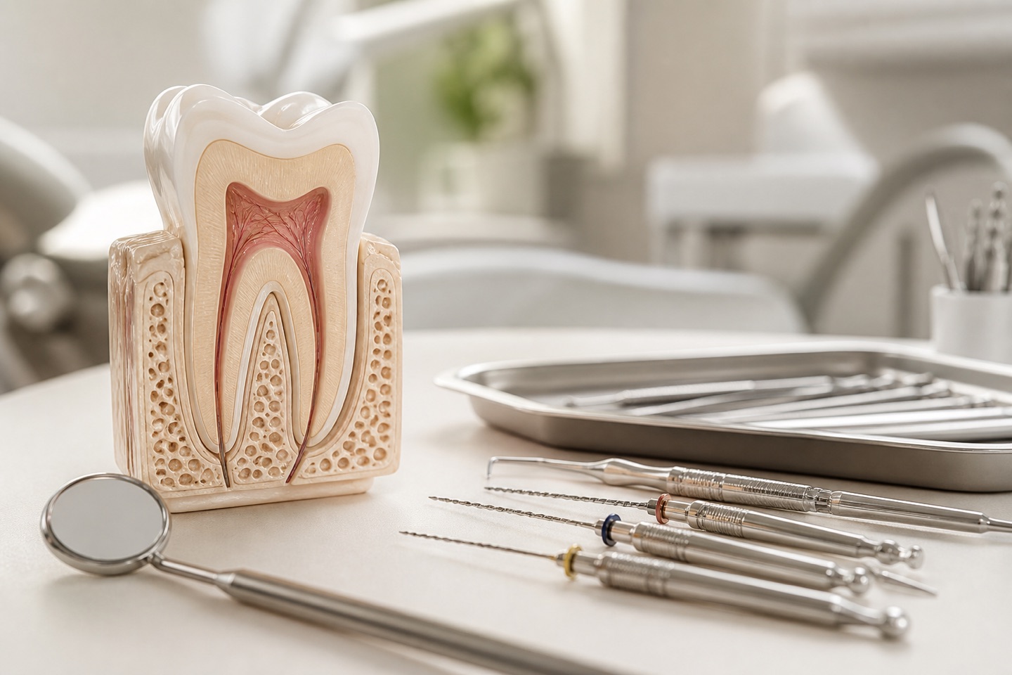 Tooth model and endodontic instruments arranged in a calm dental setting