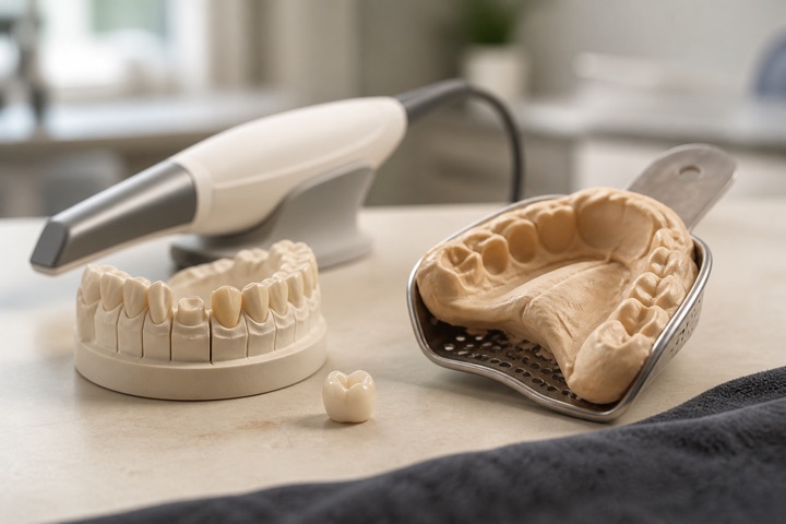 Ceramic crown, dental model, impression, and digital scanner on a work surface