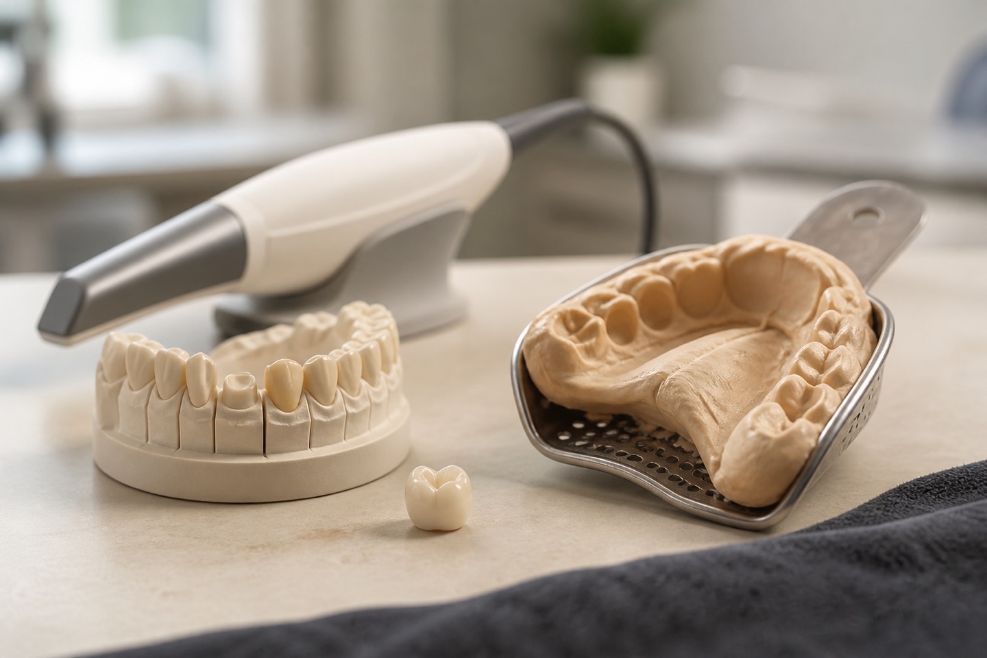 Ceramic crown, dental model, impression, and digital scanner on a work surface