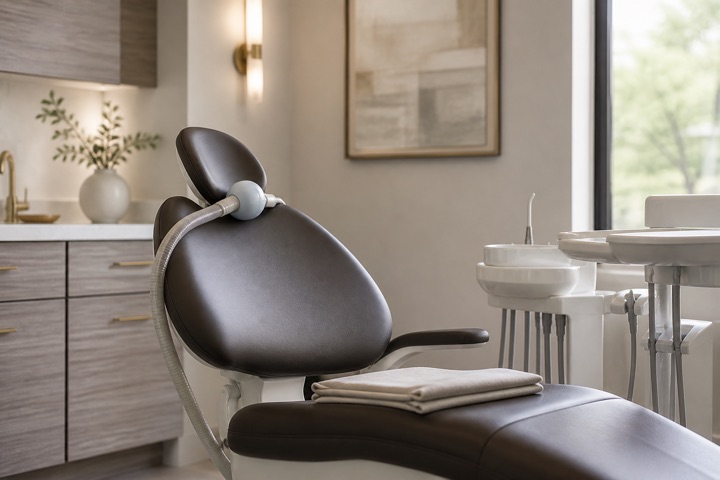 Empty dental chair with a nasal hood in a softly lit treatment room
