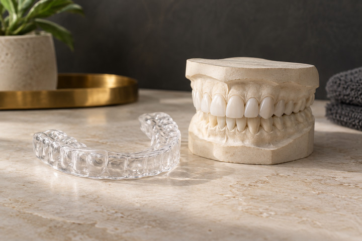 Porcelain veneer models beside a clear protective night guard on an ivory surface
