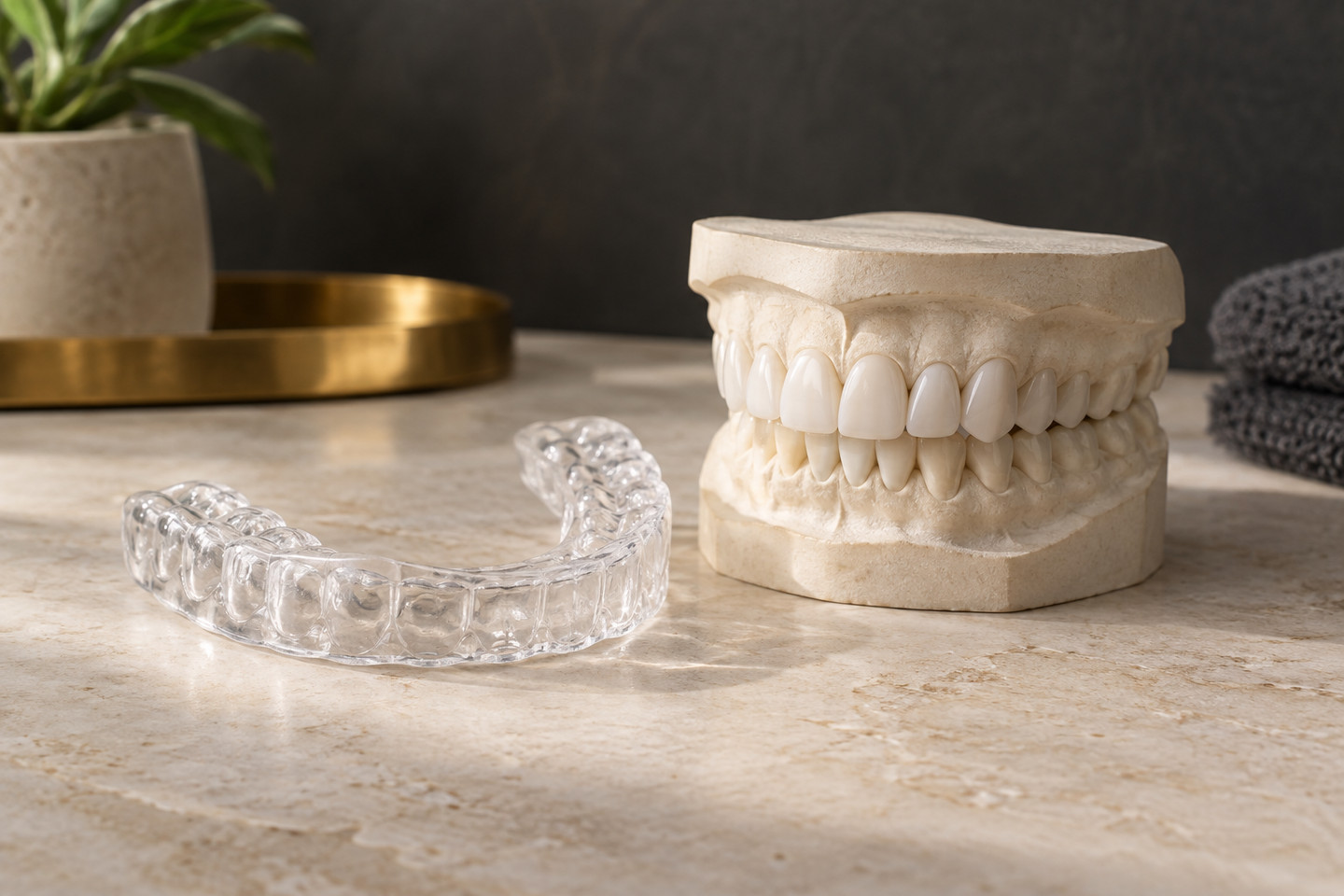 Porcelain veneer models beside a clear protective night guard on an ivory surface