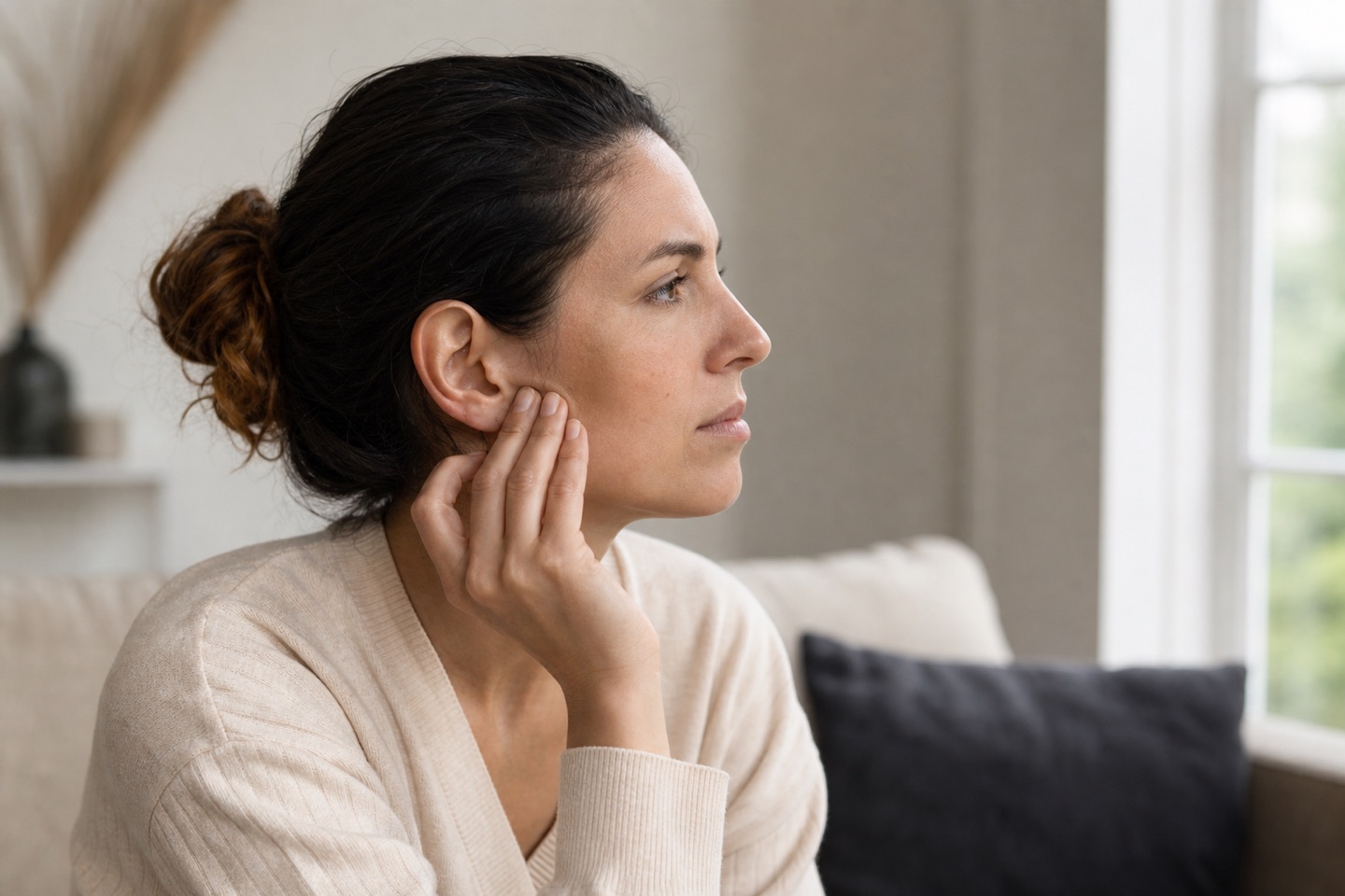 Adult resting fingertips near the jaw joint in a quiet home setting