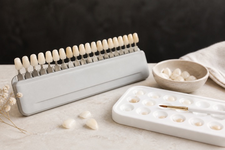 Dental shade guide and ceramic samples arranged on an ivory surface