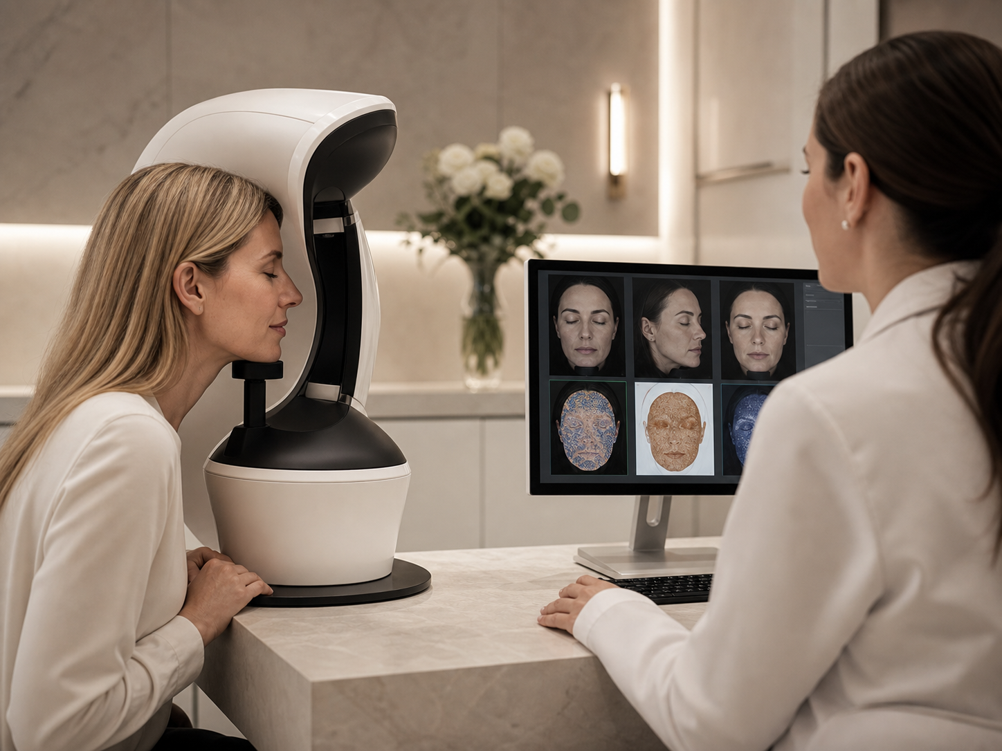 Patient using a professional 3D facial skin analysis scanner